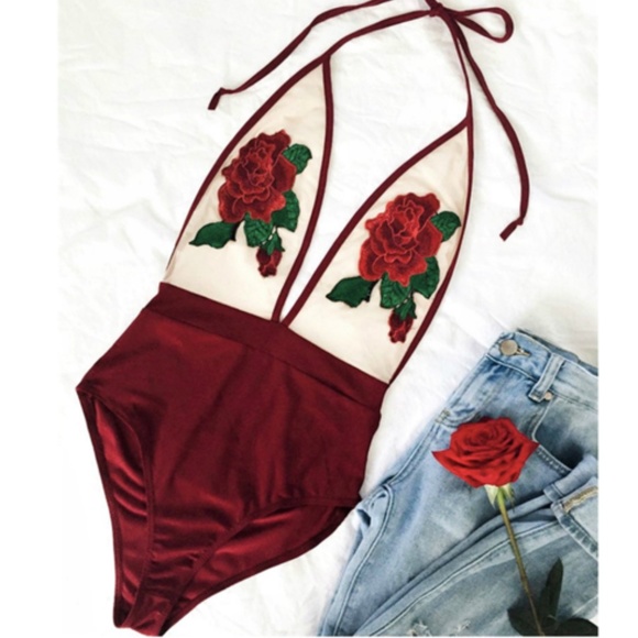 Other - Red Plunge Neck Floral Embroidery Sheer Bodysuit